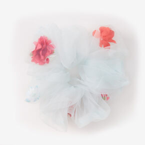Giant Light Blue Sheer Mesh Pink Flowers Floral Hair Scrunchie,