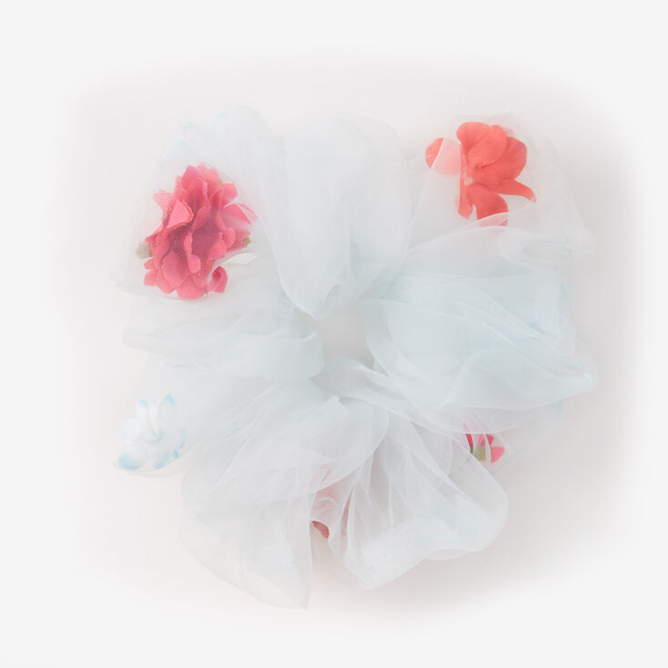 Giant Light Blue Sheer Mesh Pink Flowers Floral Hair Scrunchie,