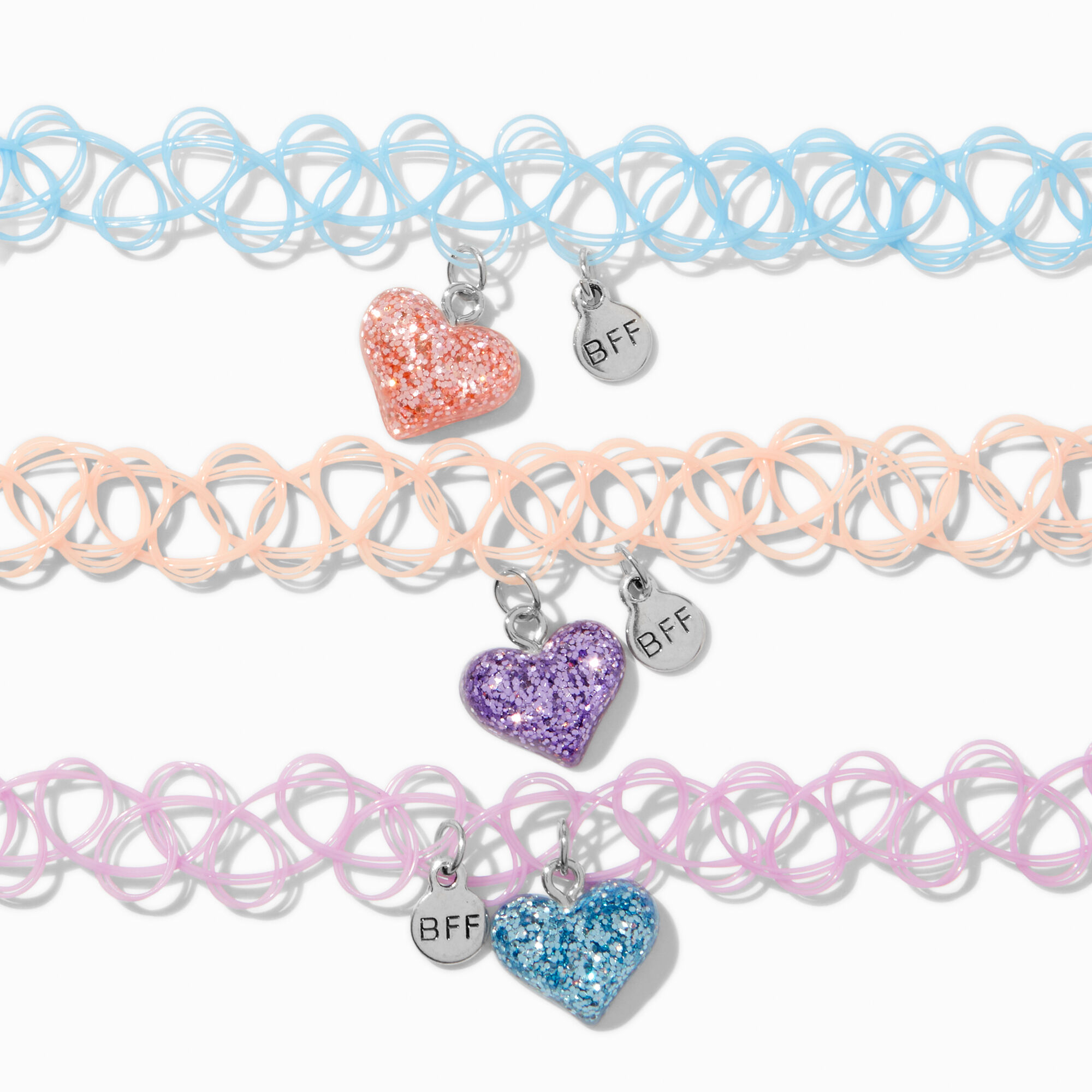 Best Friends Glitter Hearts Tattoo Choker Necklaces - 3 Pack,