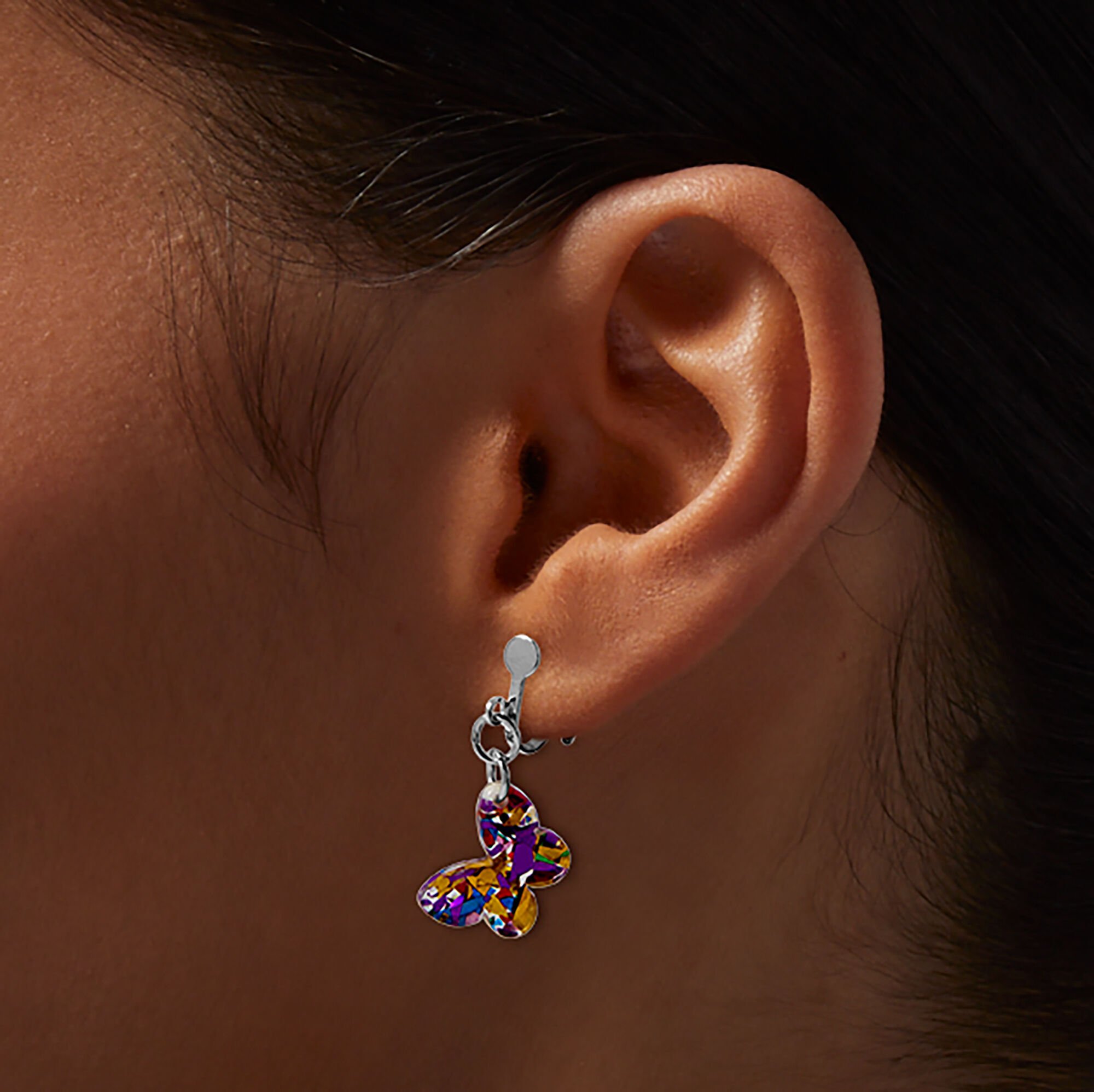 Glitter Butterfly Clip-On Drop Earrings - 3 Pack,
