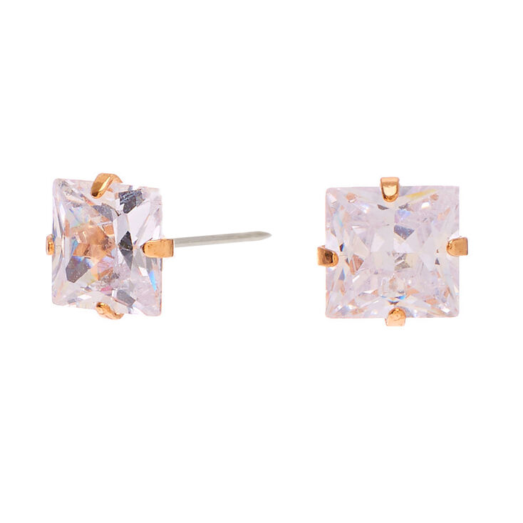 Gold Cubic Zirconia Square Stud Earrings - 7MM,