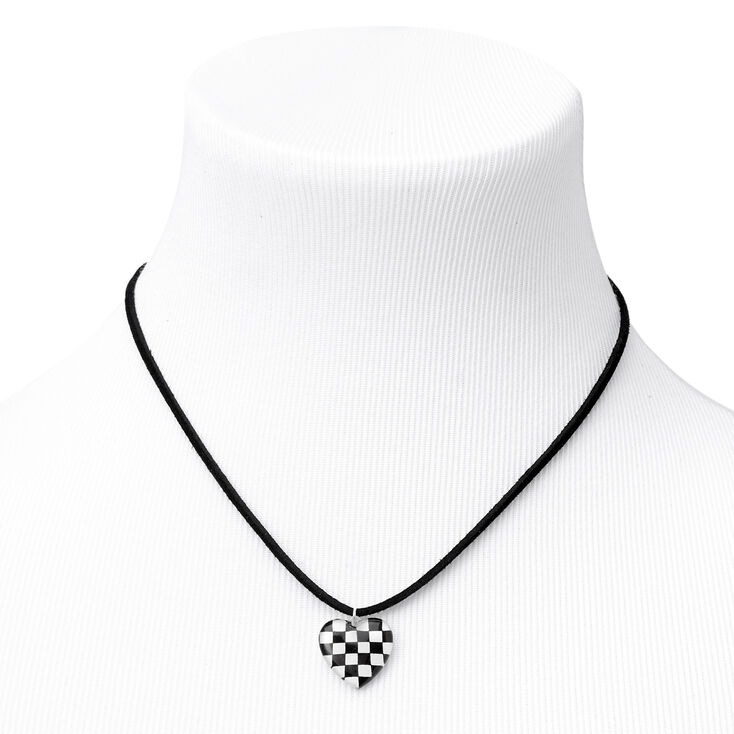 Black &amp; White Checkered Heart Cord Pendant Necklace,