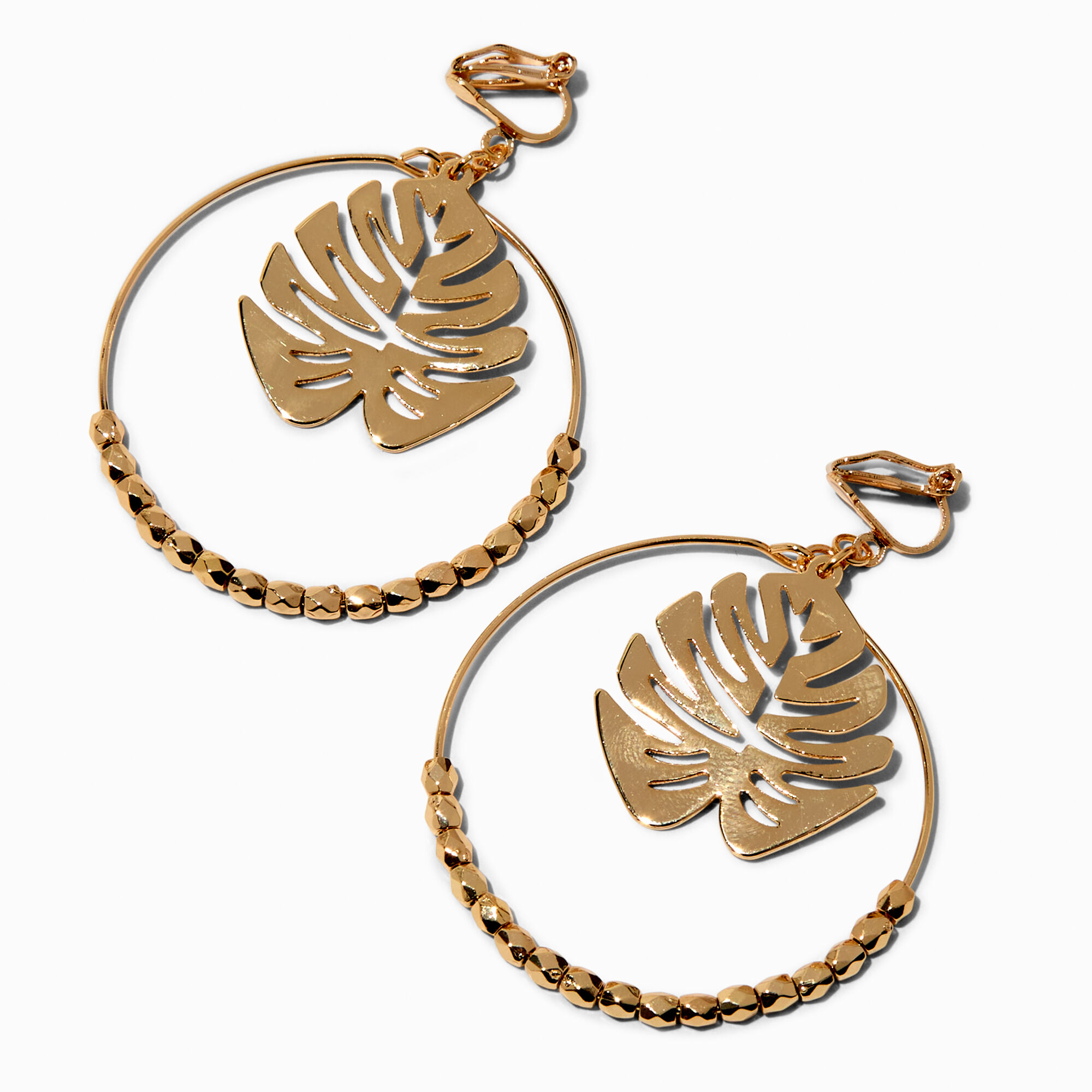 View Claires Tone Monstera Leaf 2 Clip On Drop Earrings Gold information