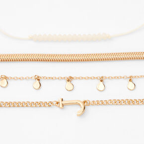 Gold Initial Beaded Chain Bracelets - 4 Pack, J,