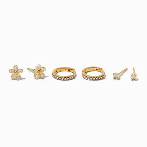 C LUXE by Claire&#39;s 18k Yellow Gold Plated Cubic Zirconia Flower Studs &amp; Hoop Earrings - 3 Pack ,