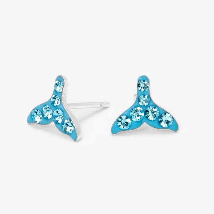 Sterling Silver Embellished Mermaid Tail Stud Earrings - Blue,