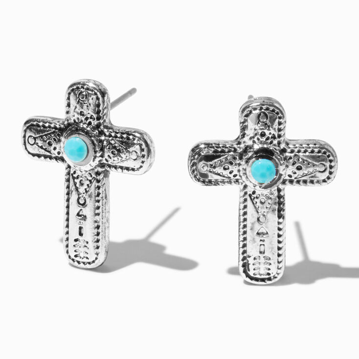 Clous d&#39;oreilles cowgirl croix en filigrane couleur argent&eacute;e,