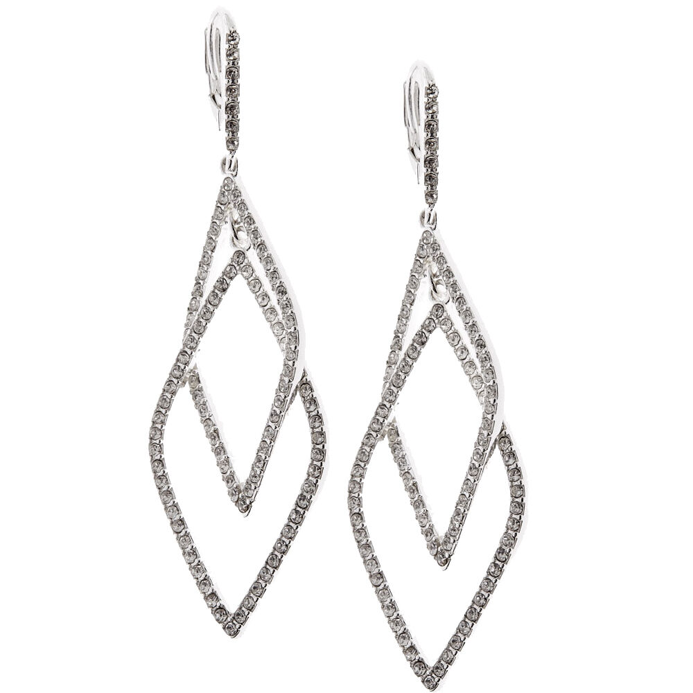 Silver Rhinestone 2" Double Diamond Drop Earrings,