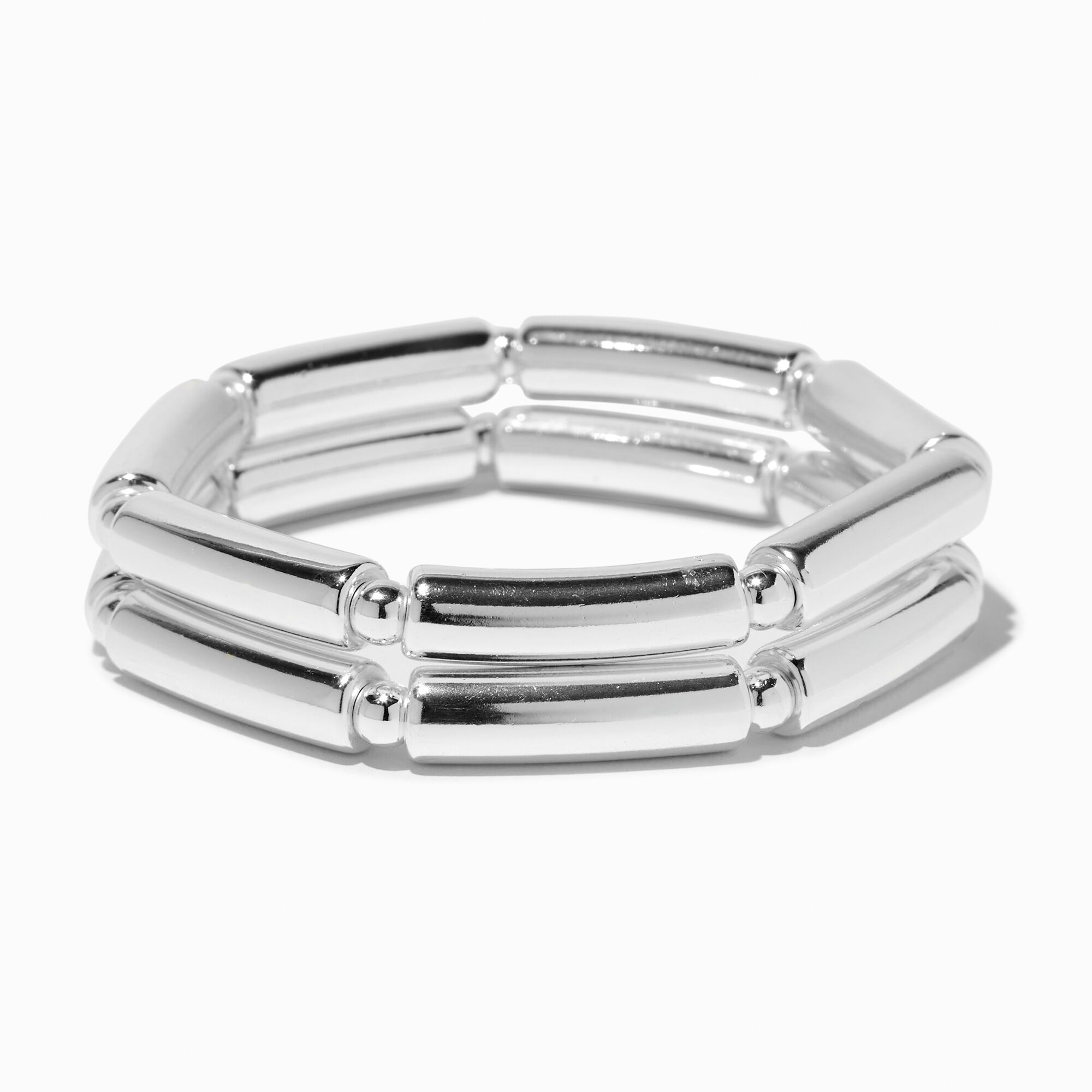 View Claires Tone Macaroni Stretch Bracelets 2 Pack Silver information