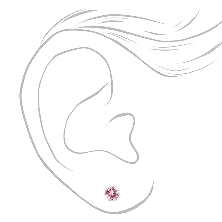 Silver Red &amp; Pink Cubic Zirconia Round Stud Earrings - 3 Pack, 5MM,
