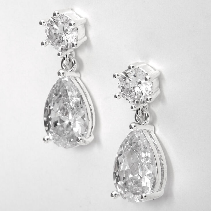 Silver 1&quot; Cubic Zirconia Teardrop Drop Earrings,