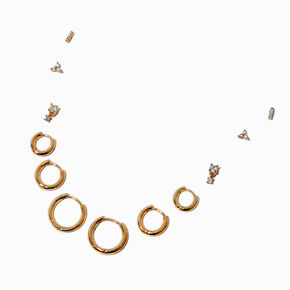 Gold-tone Cubic Zirconia Stud &amp; Clicker Hoop Earring Stackables Set - 6 Pack,