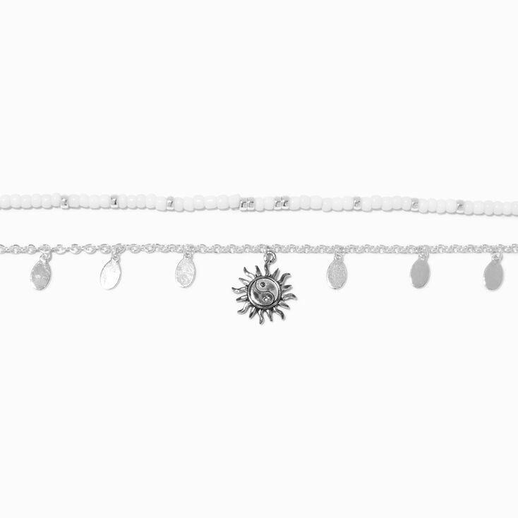 Silver Yin Yang Sunburst &amp; White Beaded Choker Necklaces - 2 Pack,