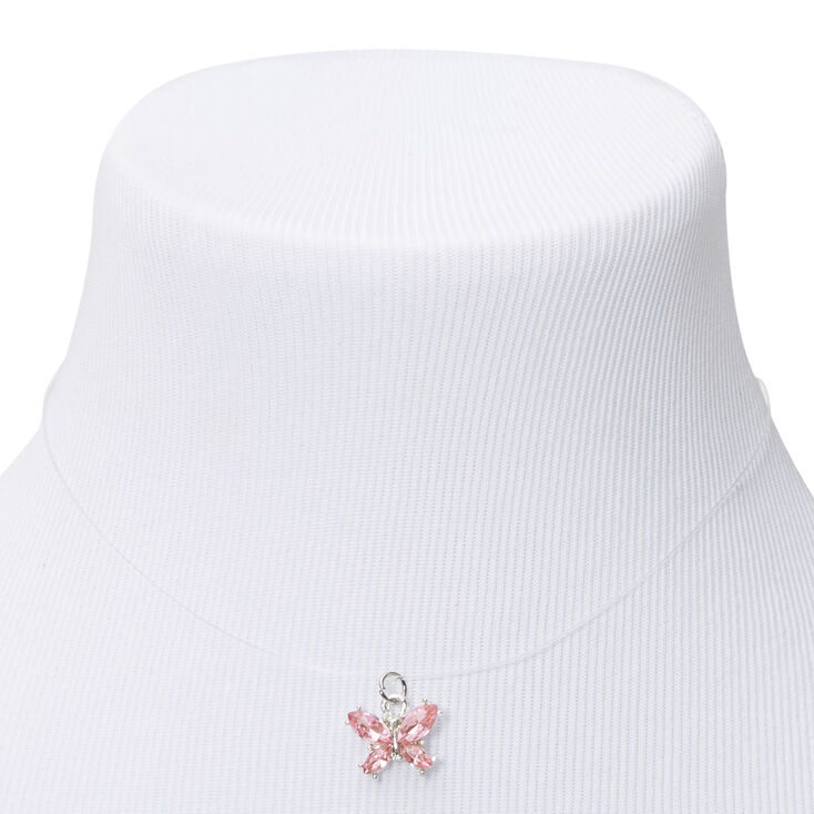 Silver Butterfly Illusion Pendant Necklace - Pink,