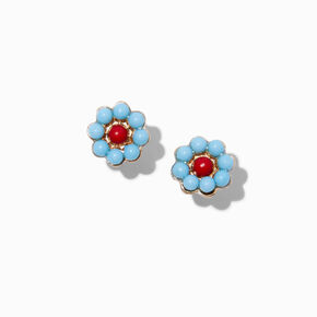 Light Blue Beaded Flower Stud Earrings ,