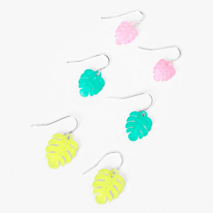 Silver 1&quot; Palm Leaf Drop Earrings - 3 Pack,