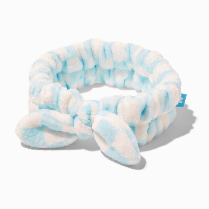 Blue Checkered Furry Makeup Bow Headwrap,