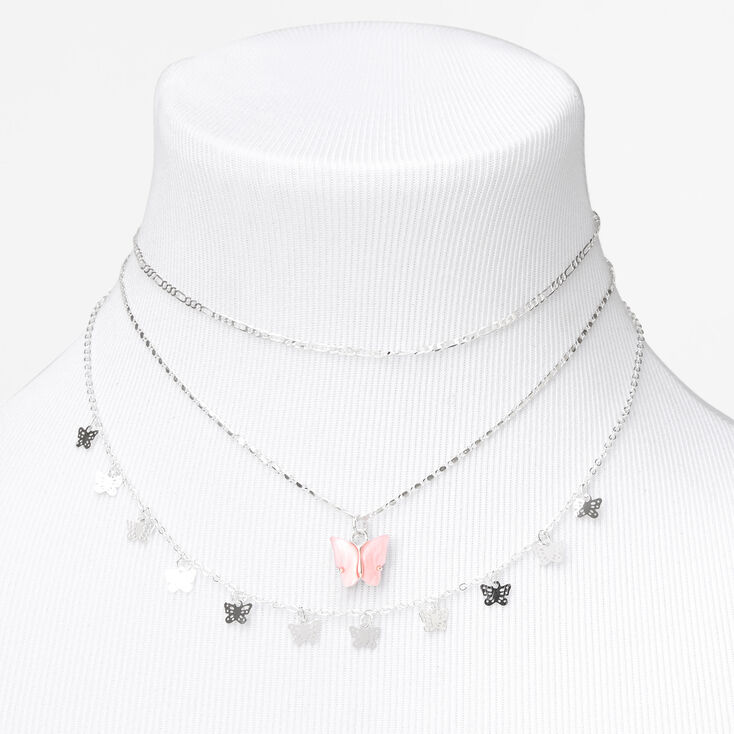 Silver Resin Butterfly Multi Strand Choker Necklaces - Pink, 2 Pack,