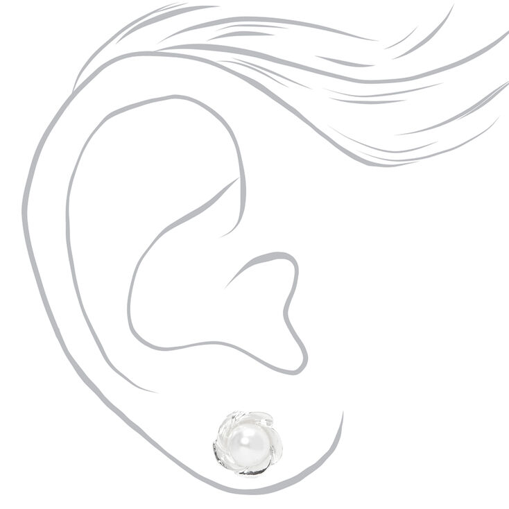 Silver Pearl Flower Stud Earrings,