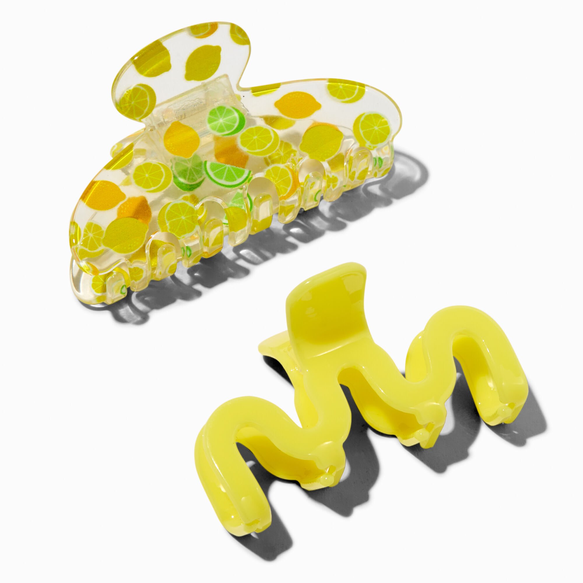 View Claires Citrus Print Squiggle Hair Claws 2 Pack Yellow information