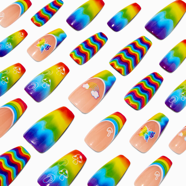 Rainbow Squiggle Butterfly & Mushroom Squareletto Vegan Faux Nail Set - 24 Pack