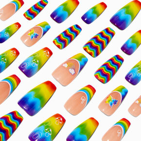 Rainbow Squiggle Butterfly &amp; Mushroom Squareletto Vegan Faux Nail Set - 24 Pack,