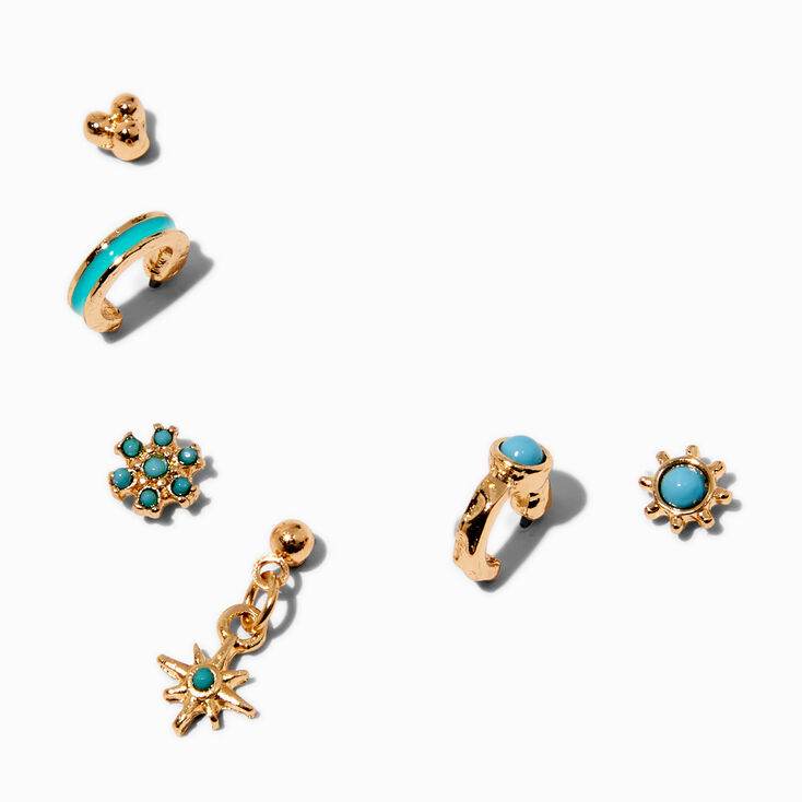 Turquoise Gold-tone Mixed Earring Stack - 3 Pack ,