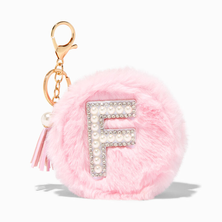 Pink Furry Pearl Initial Coin Purse Keychain - F,