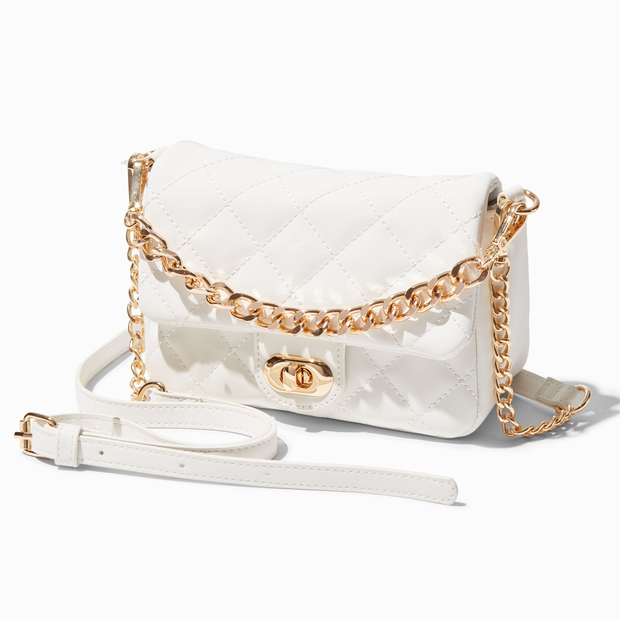 Faux Pearl Strap Twist Lock Quilted Crossbody Bag