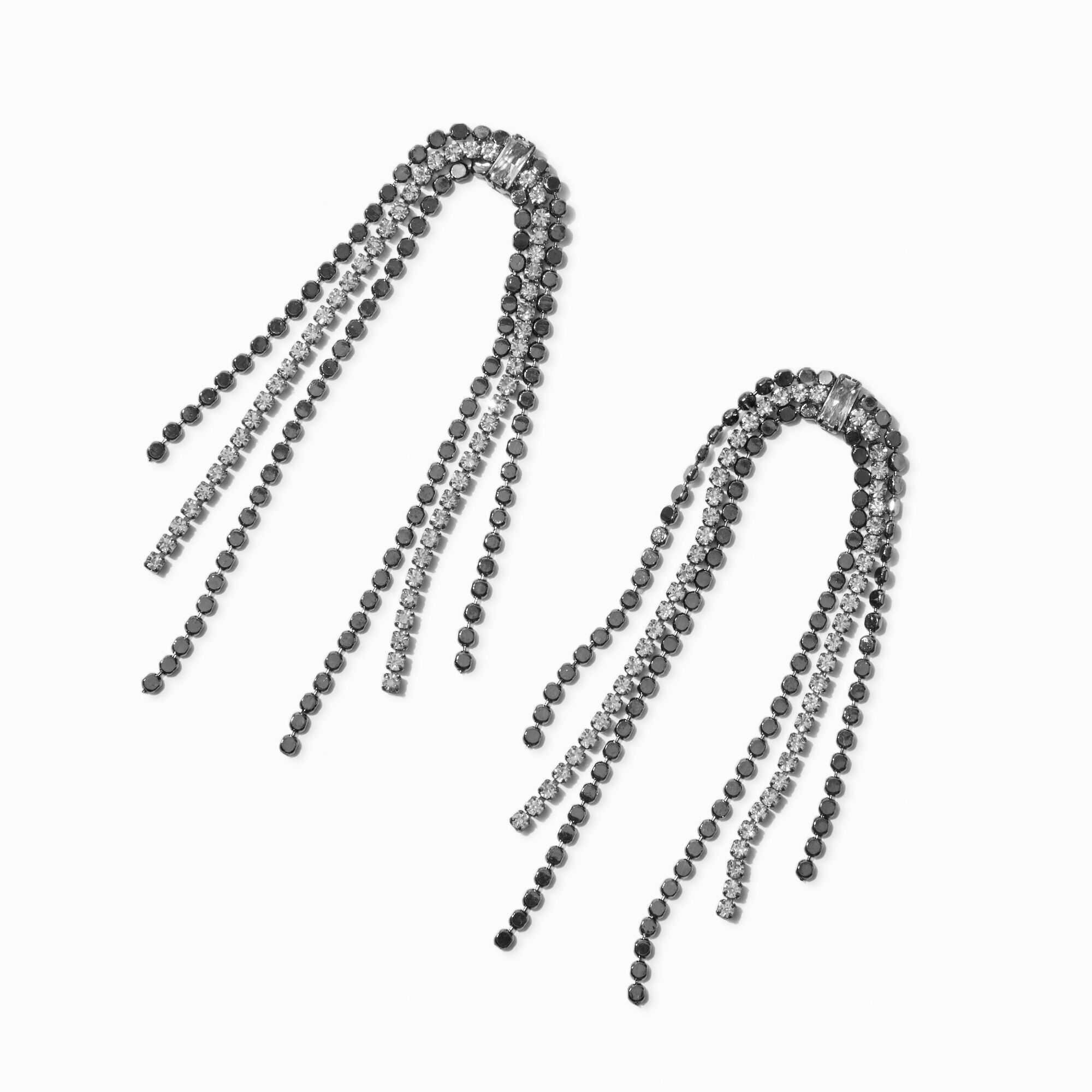 View Claires Hematite Rhinestone Horse Tail Fringe 3 Drop Earrings information