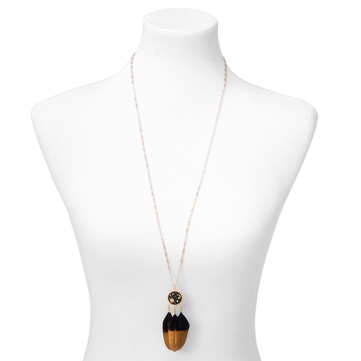 Gold Dipped Feather Celestial Pendant Necklace - Black,
