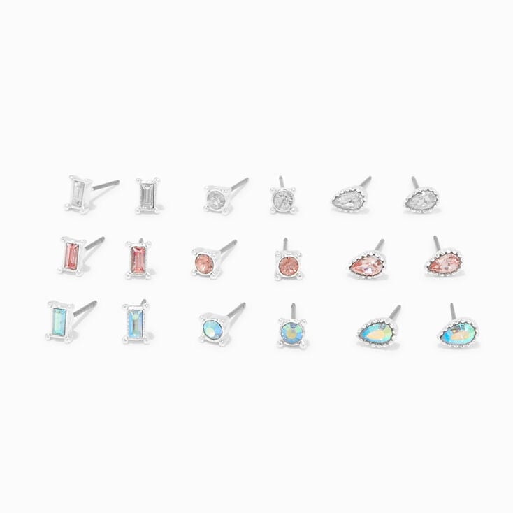 Mixed Crystal Silver-tone Stud Earrings - 9 Pack,