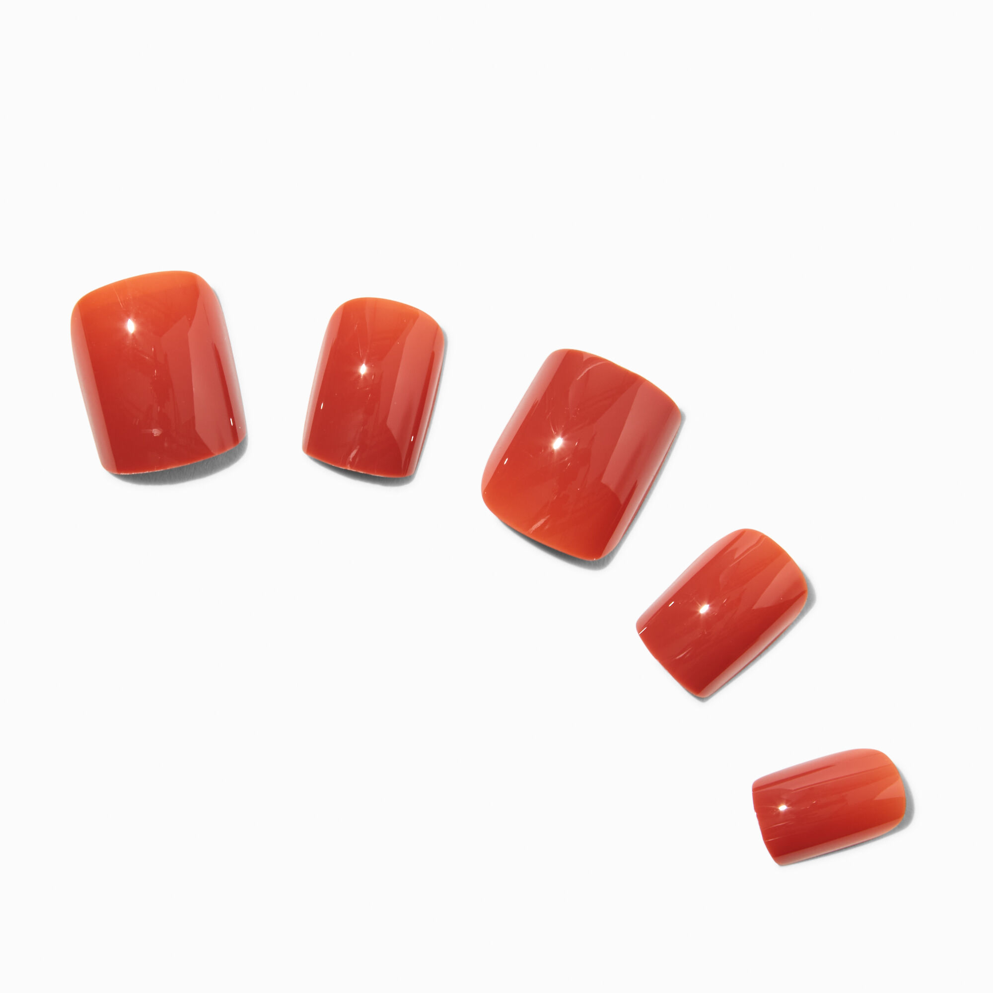 Faux ongles vegan carrés courts brillants orange brûlée - Lot de 24,