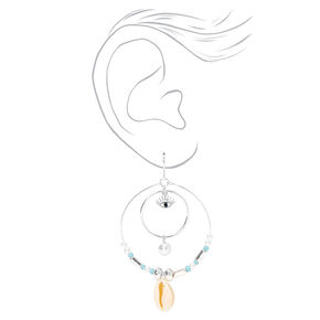 Silver Seashell Evil Eye Double Circle 2&quot; Drop Earrings,