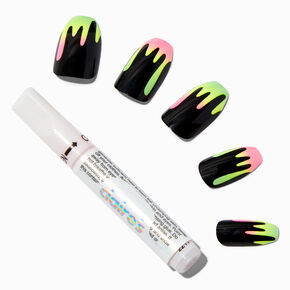 Glow in the Dark Rainbow Drip Coffin Vegan Faux Nail Set - 24 Pack,