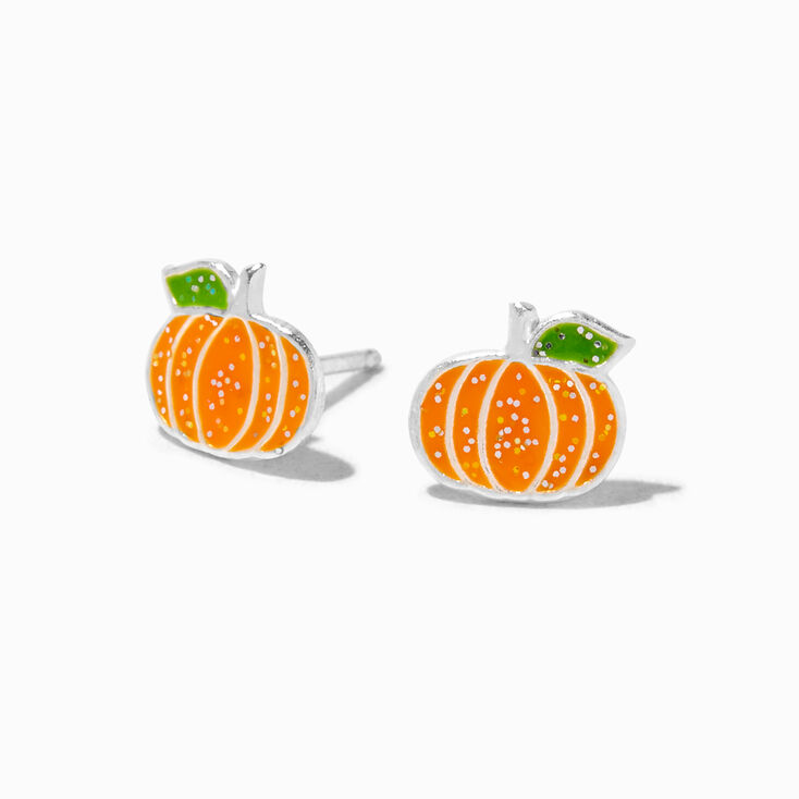 Sterling Silver Glitter Pumpkin Stud Earrings,