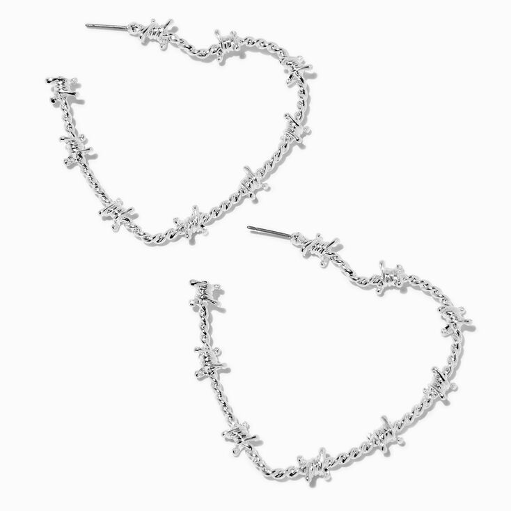 Silver-tone Barbed Wire Heart 30mm Hoop Earrings,