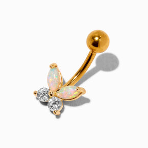 Gold-tone Stainless Steel Cubic Zirconia Opal Butterfly 14G Belly Bar,