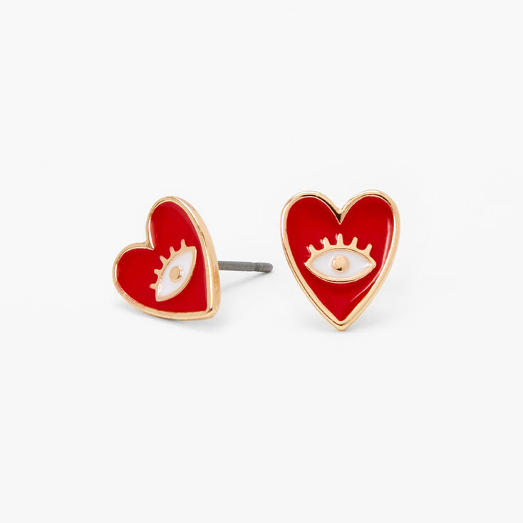Gold Evil Eye Heart Stud Earrings - Red,