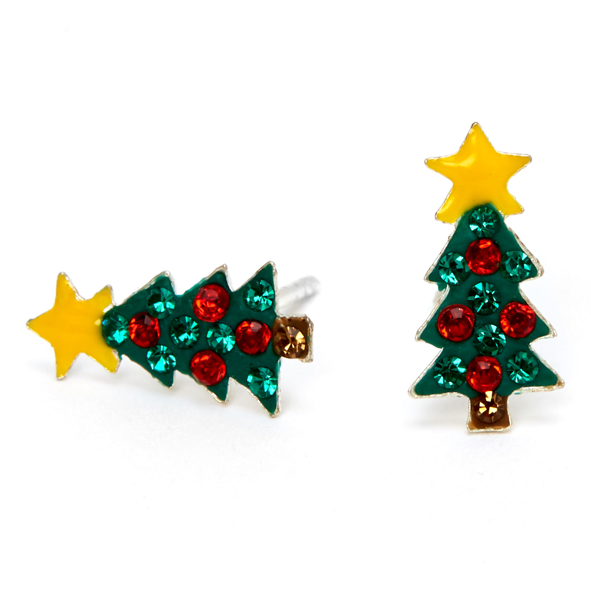 Clous d’oreilles sapin de Noël strass rouges et verts couleur argentée,