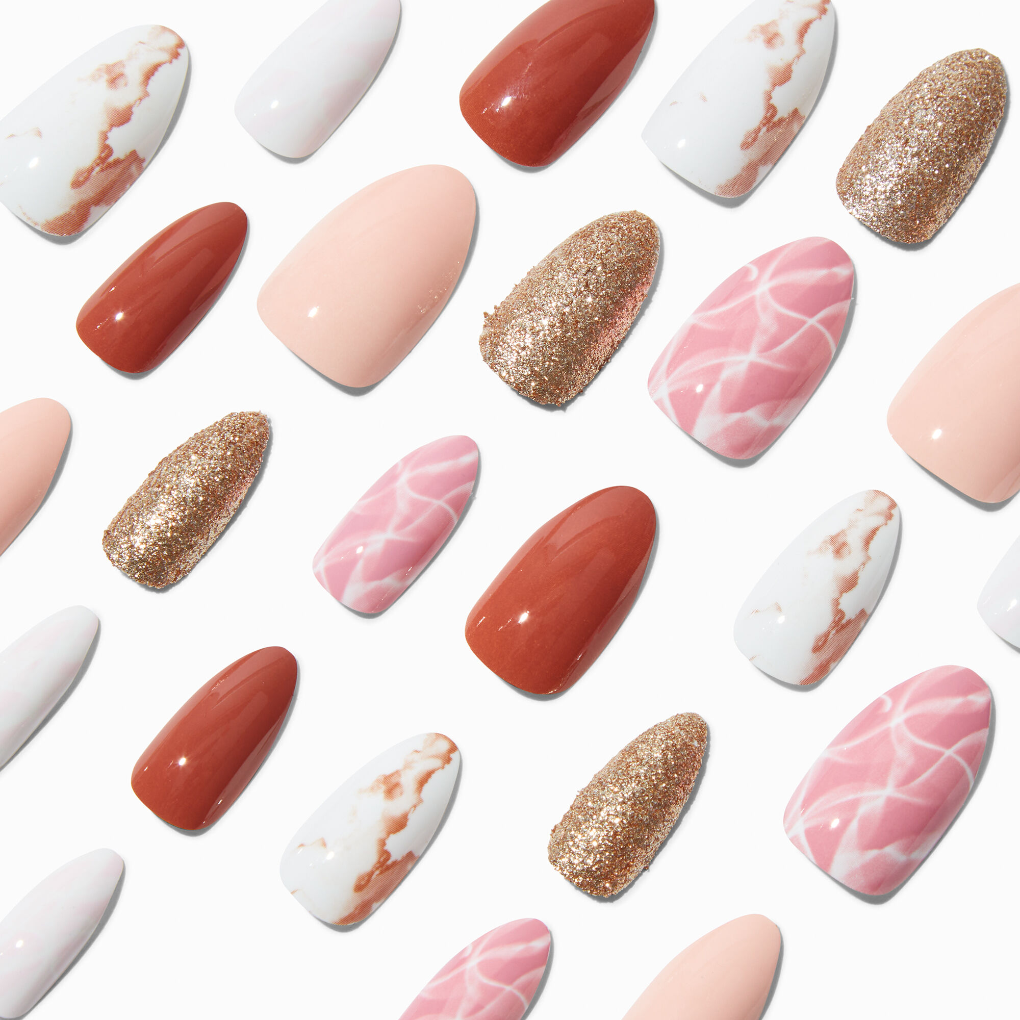 Mixed Chocolate Marble Glitter Stiletto Vegan Faux Nail Set - 24 Pack,