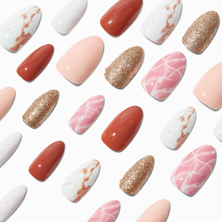 Mixed Chocolate Marble Glitter Stiletto Vegan Faux Nail Set - 24 Pack,