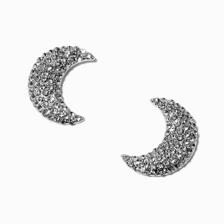 Silver-tone Pav&eacute; Crystal Crescent Moon Stud Earrings,