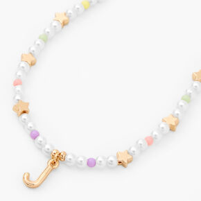 Gold Star &amp; Pastel Pearl Initial Pendant Necklace - J,