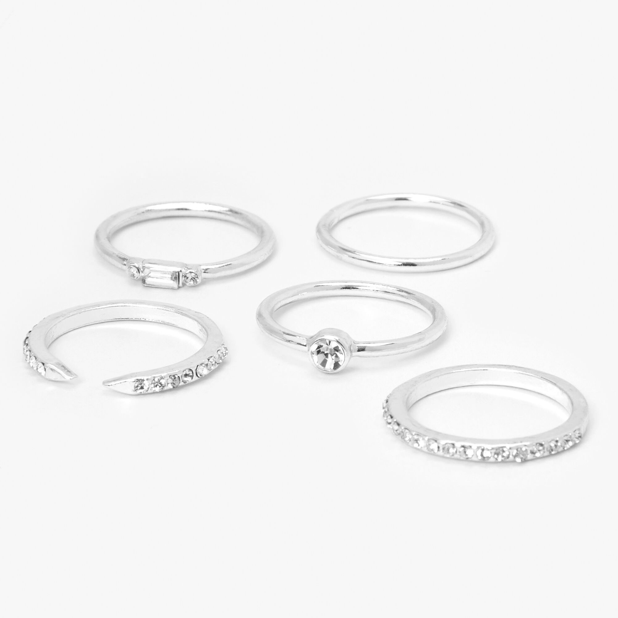 View Claires Embellished Studded Rings 5 Pack Silver information