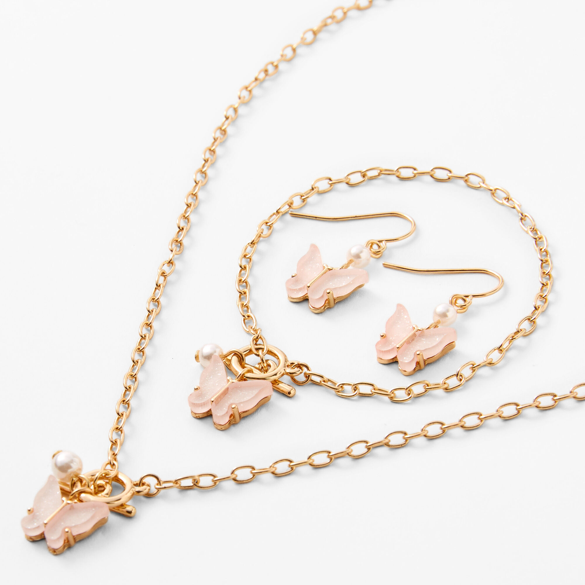 Pink Butterfly Pendant Necklace Bracelet Earrings Set 3 Pack Claire s US