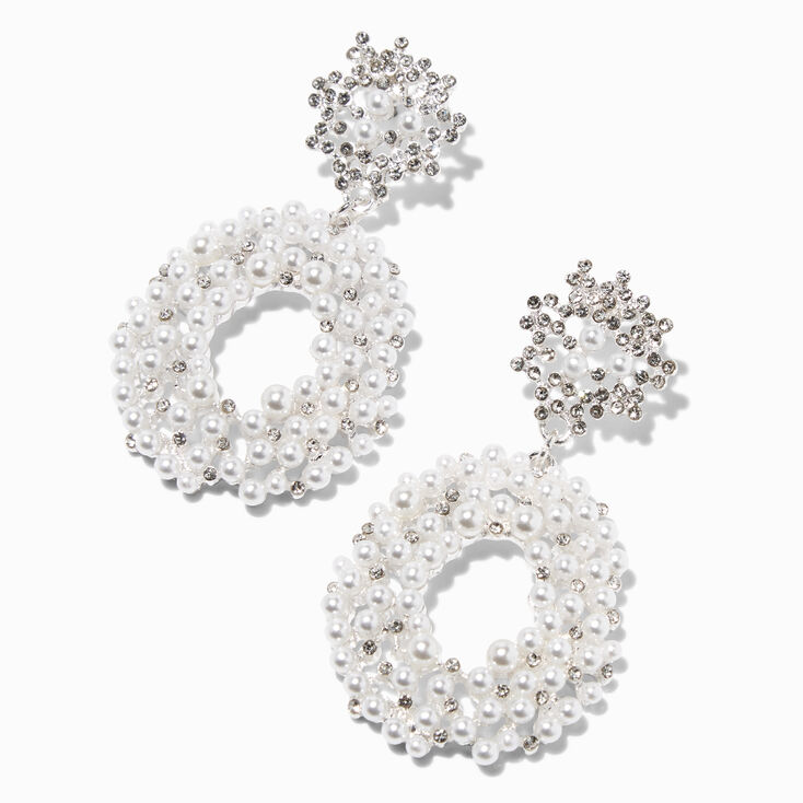 Silver 1.5&quot; Pearl Circle Cutout Drop Earrings,