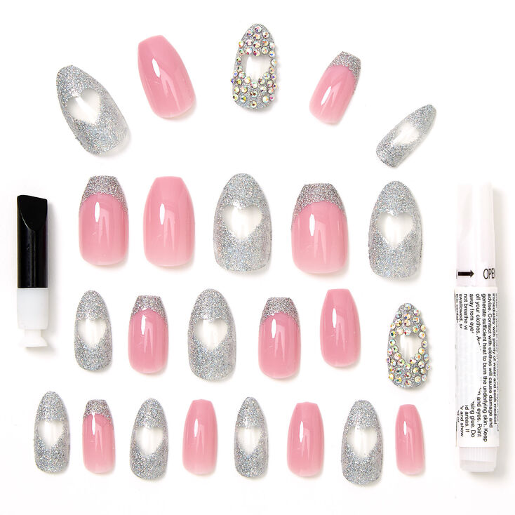 Bling Cut Out Heart Coffin Faux Nail Set - Pink, 24 Pack,