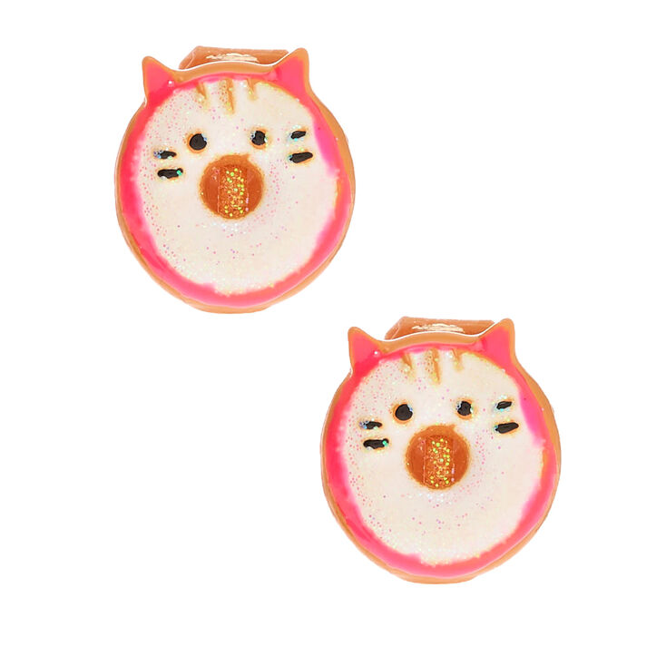 Glitter Cat Donut Clip On Earrings - White,