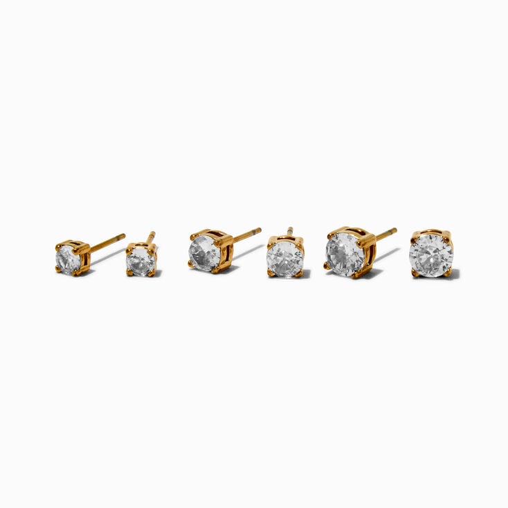 Gold-tone Stainless Steel Cubic Zirconia Round Stud Earrings - 3 Pack,